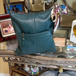 Le Sak Teal Leather Crossbody Bag with Scarf Accent